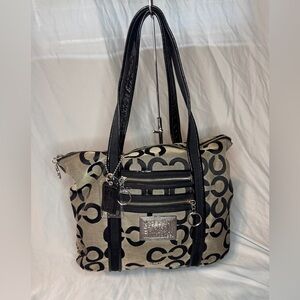 Coach Poppy Op Art Glam Tote Bag Black Tan Canvas Shoulder Bag Style 14530